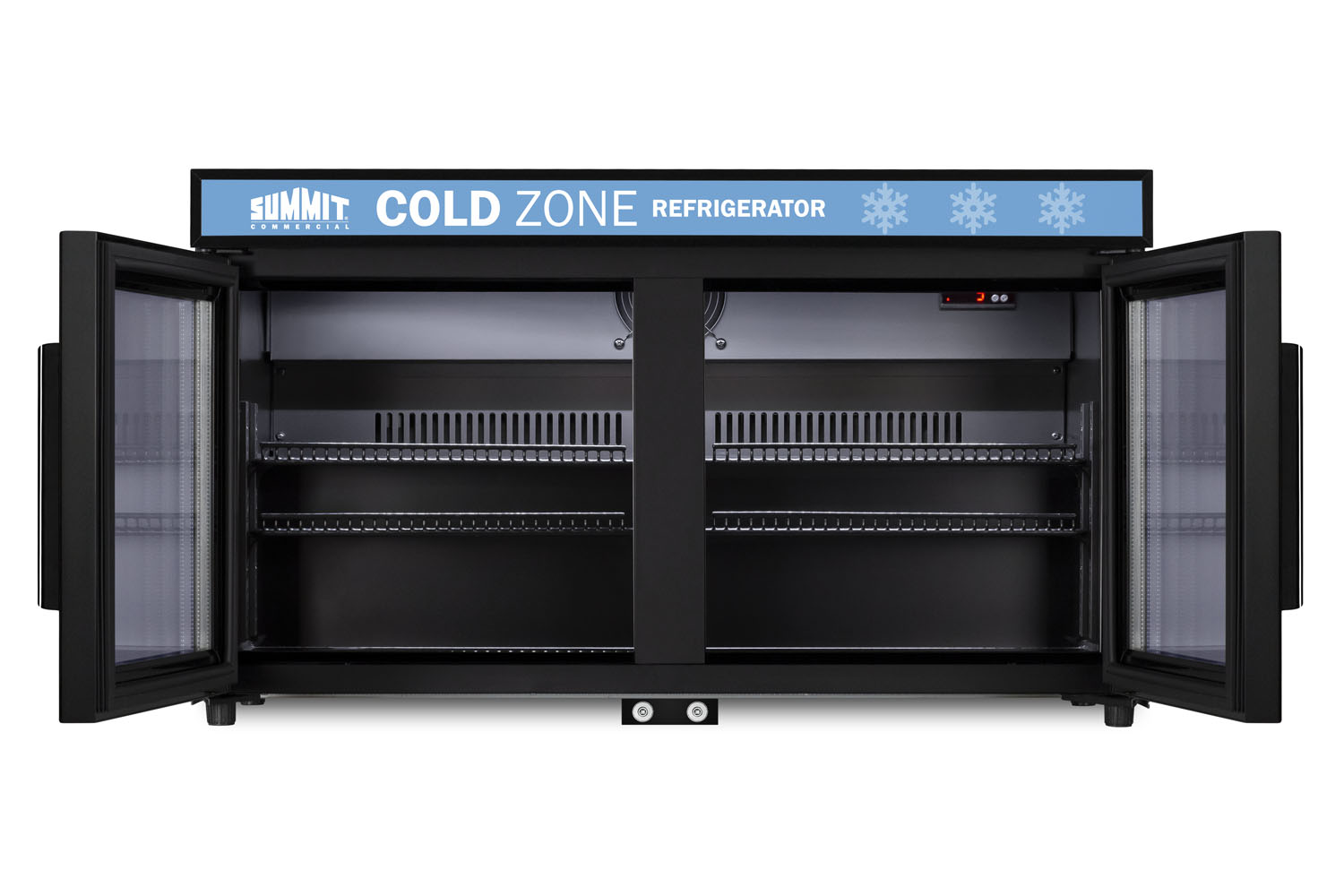 Countertop, shallow depth single-zone commercial refrigerator for freestanding use with French glass doors, black cabinet, front locks, digital controls, and LED lighting